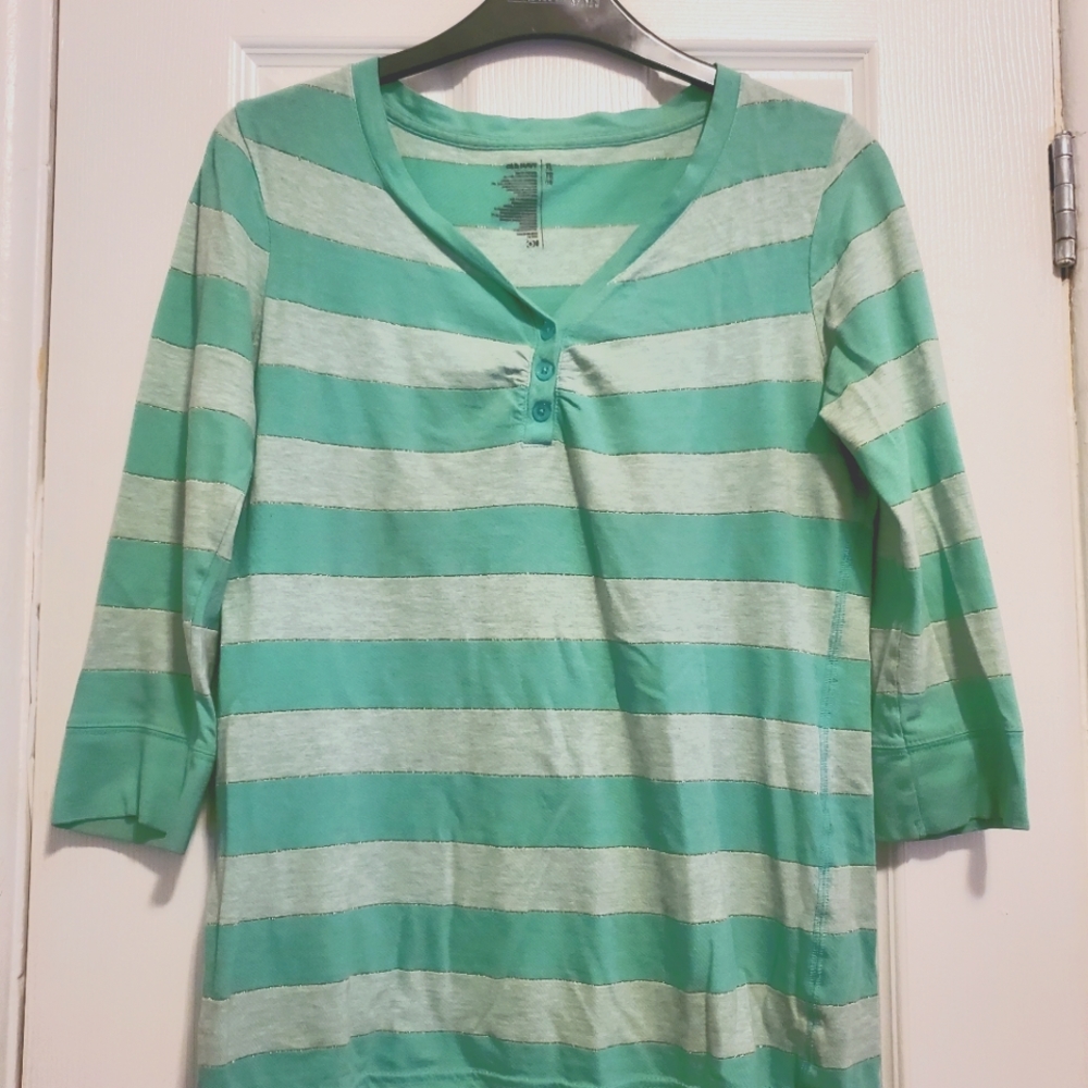 SIMPLE STRIPED COTTON TOP WITH MINT, GREEN AND GOLD STRIPES (XL  kids/M women)